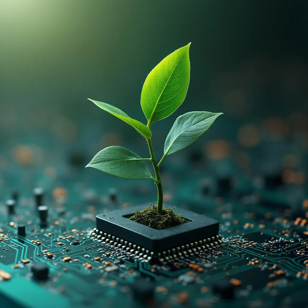Planta creciendo en entorno tecnológico